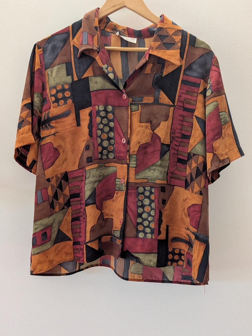 90s Vintage Tradition Abstract Geometric Button Down Shirt Blouse Earth Tones L